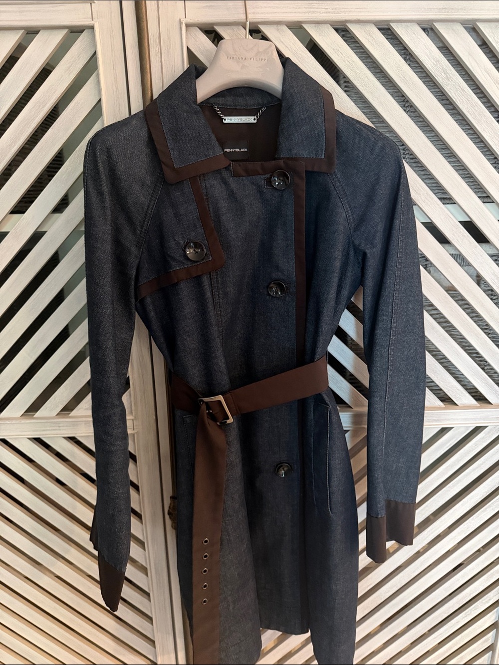 Pennyblack Denim Trench Coat Brown Trim Belted